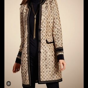 Chico's Golden Dreams Tapestry Jacket Long Beige Black Tan Pattern Beaded Detail